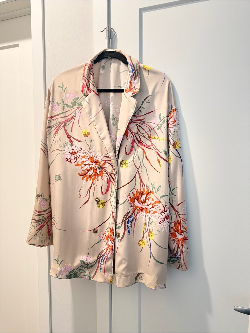 H&M Cream Satin Floral Blazer with Orange Floral Print